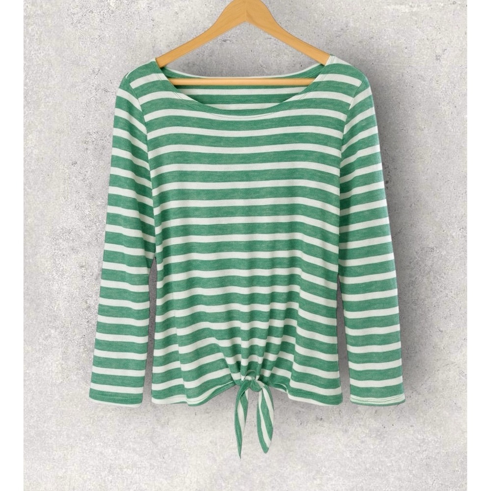 Old Navy Popover Knit Top Tie Front Long Sleeve Green White Stripe Size XXL‎ 2X